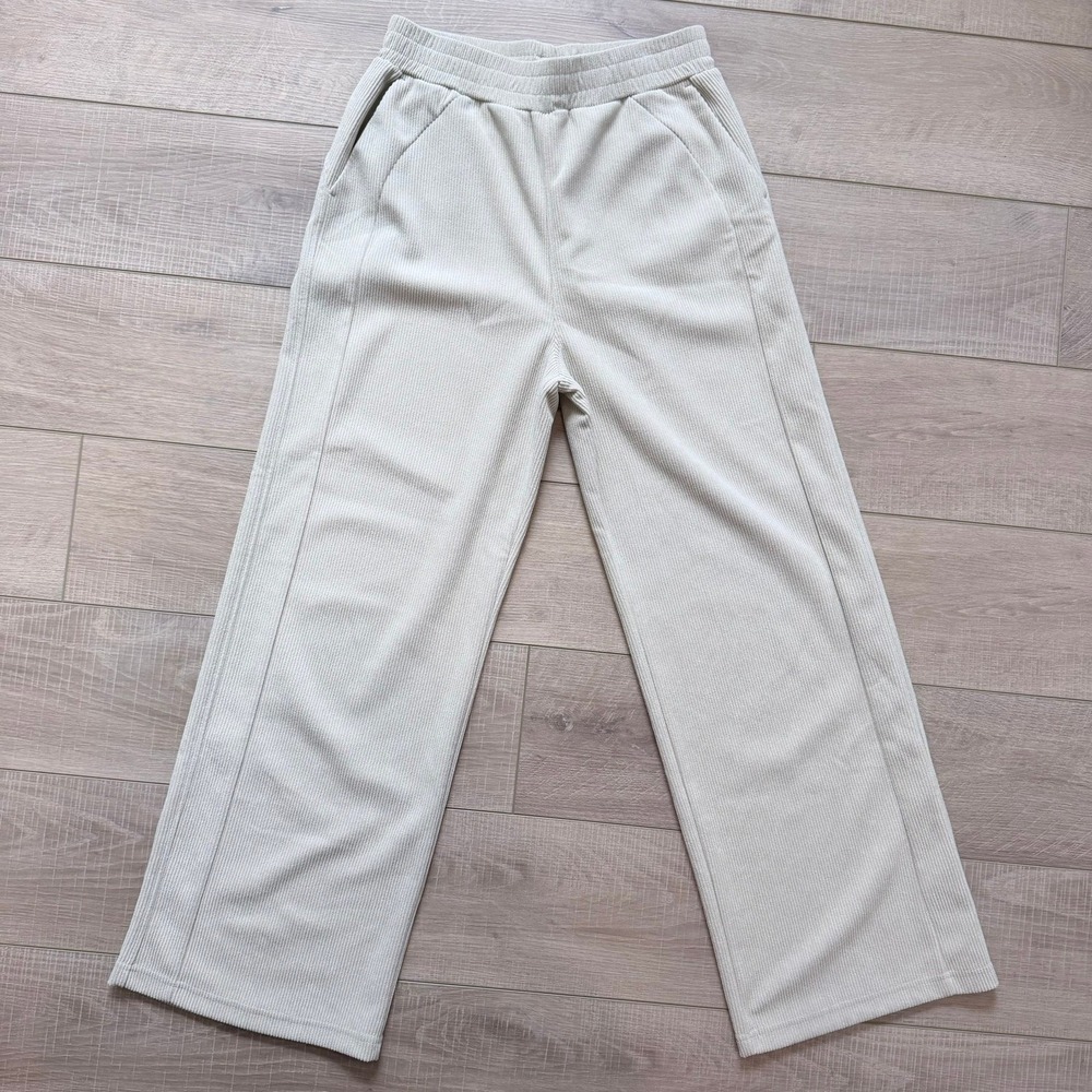 Halara Wide Leg Pants Womens M Tall Tan Ribbed Corduroy High Rise Elastic Waist